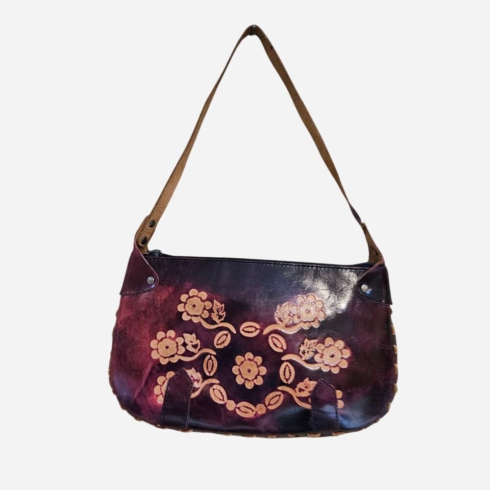 vintage cottagecore boho dark red embossed leather shoulder bag